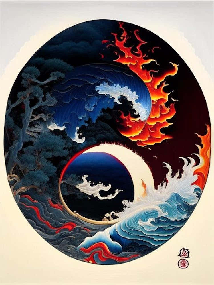 Fire And Water 3, Yin and Yang Japanese Ukiyo E Style