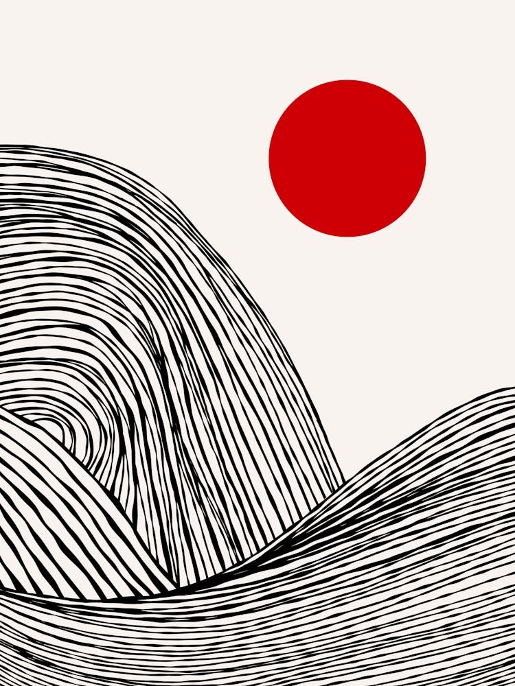 Zen Waves on Red Sun – Minimal Abstract Black & White Japandi (1/2)