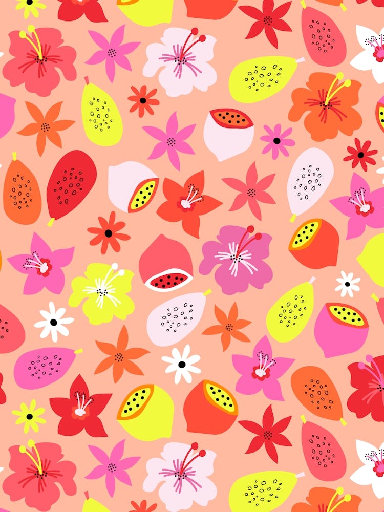 Bright and Warm Tropical Fruits and Flowers - Pink Red Orange Yellow