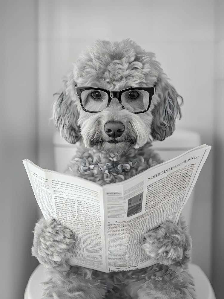 Goldendoodle Sitting On Toilet Wall Art, Dog Reading Newspaper, Black And White Print, Pet Art, Funny Dog Poster, Bathroom Wall Decor