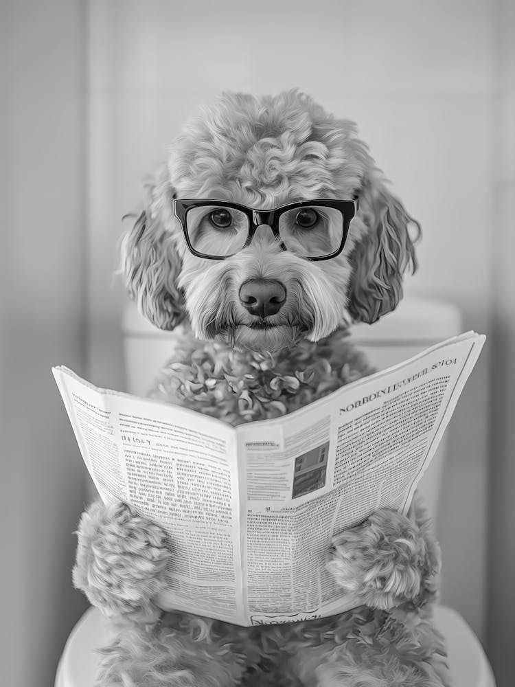 Goldendoodle Sitting On Toilet Wall Art, Dog Reading Newspaper, Black And White Print, Pet Art, Funny Dog Poster, Bathroom Wall Decor