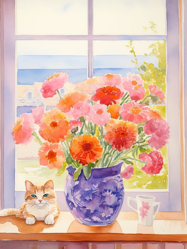 Cat With Ranunculus Flowers Watercolor Mothers Day Valentines 1