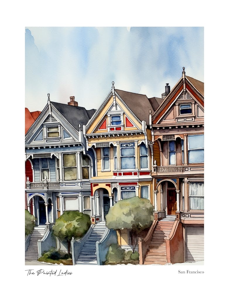 The Painted Ladies, San Francisco 4 Watercolour Travel Poster