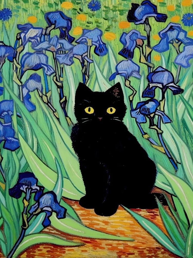 Irises Vang Gogh Painting With Black Cat