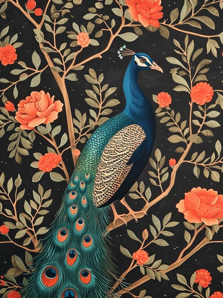 Black & Red Floral Peacock