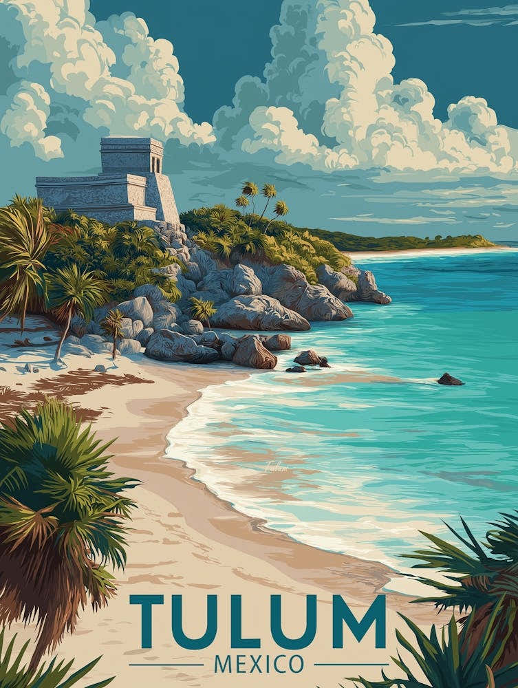 Vintage Tulum Mexico Travel Poster | Mayan Ruins & Palm Trees Illustration