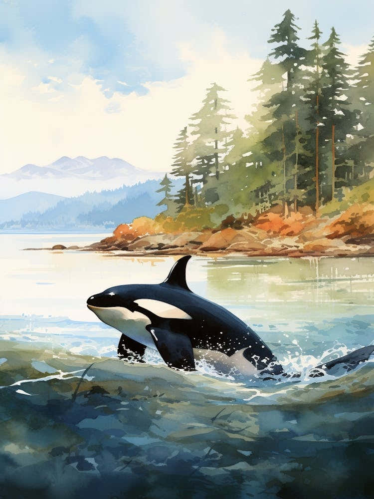 Orca Whale Watercolour And Waves
