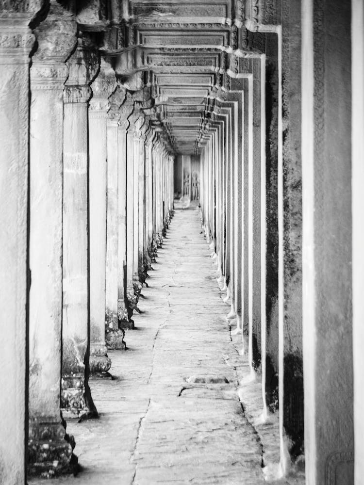 Cambodian Ancient Temple Angkor Wat Corridor with Pillars