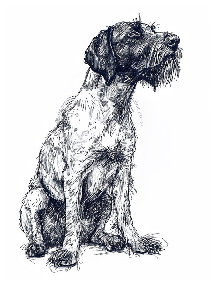 German Wirehaired Pointer Dog Black & White Line Sketch 2