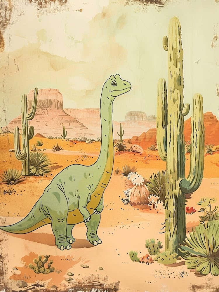 Dinosaur In The Desert With Cactus Storybook Watercolour 1