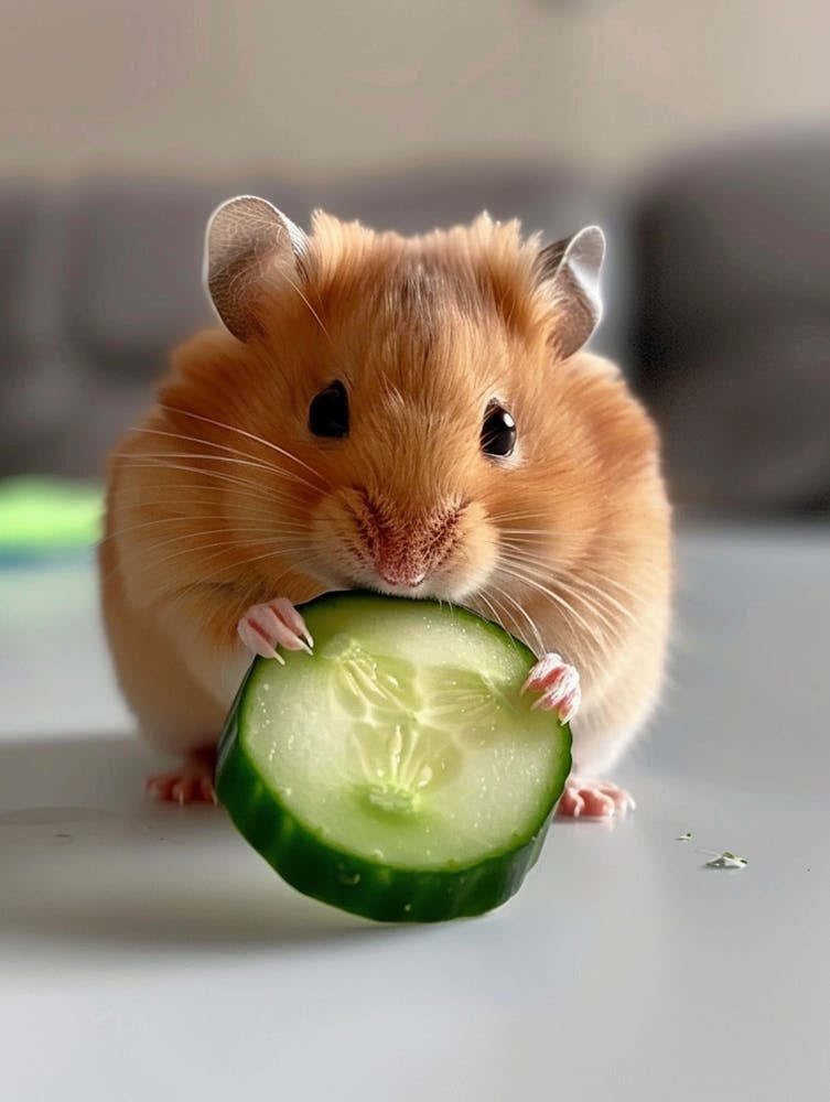 A Cute Little Hamster Is Eating Cucumber On A White Table, With A Closeup Of Its Head And Body
