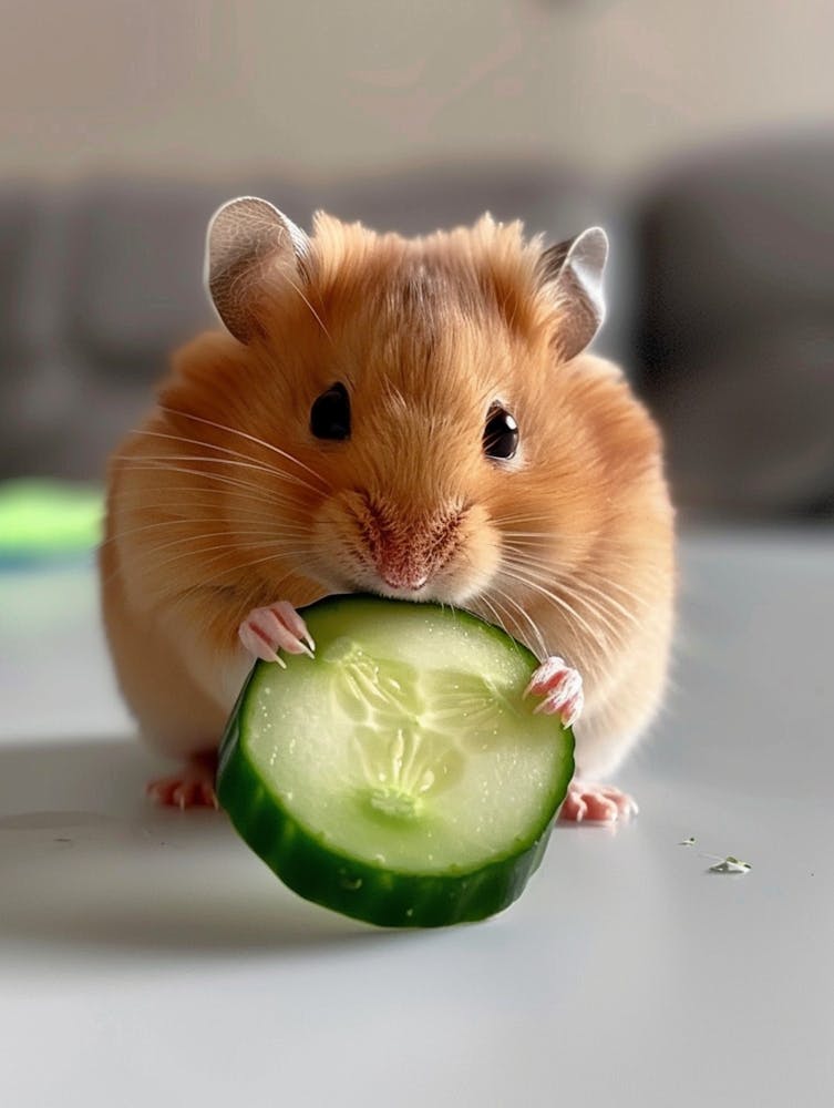 A Cute Little Hamster Is Eating Cucumber On A White Table, With A Closeup Of Its Head And Body