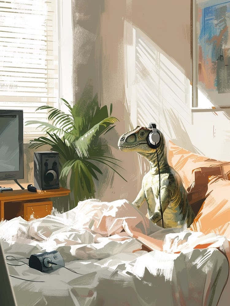 Dinosaur Listening To Music With Headphones In Bed 2