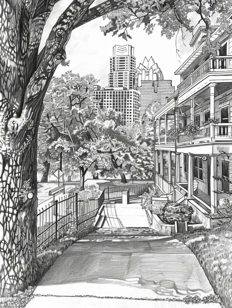 Rainey Street Historic District Austin Texas Black And White Drawing 3