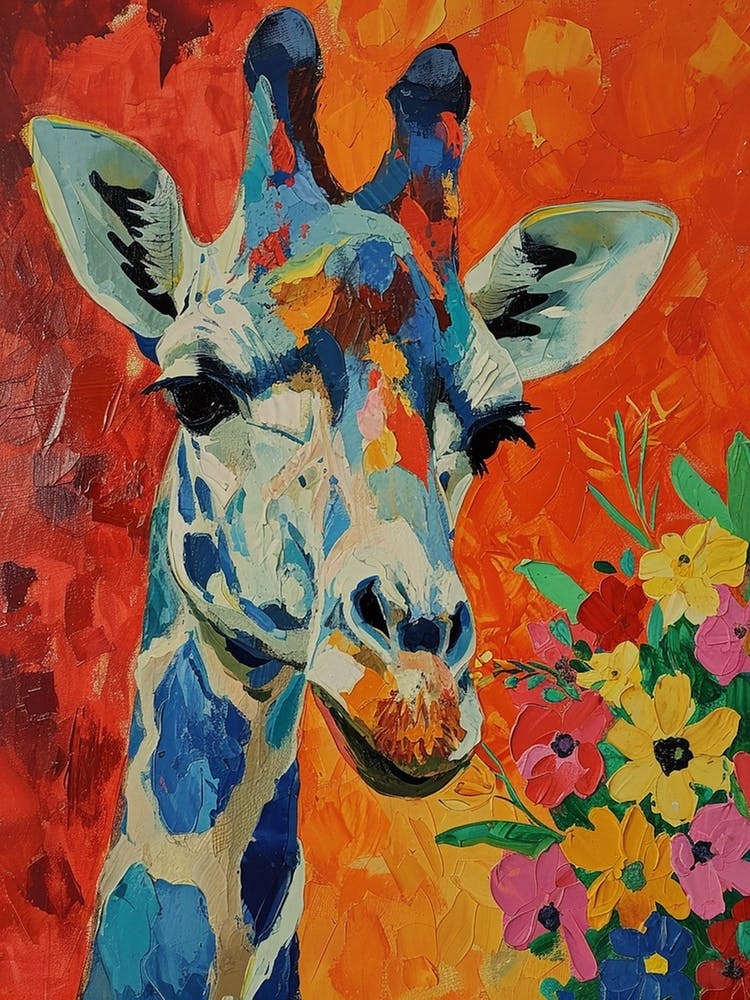Giraffe With Flowers Painting 4