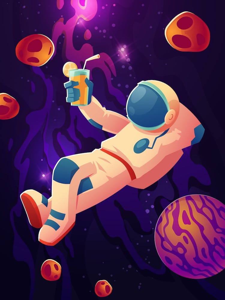 Relaxing astronaut with cocktail — space poster, synthwave space, neon space, aesthetic poster