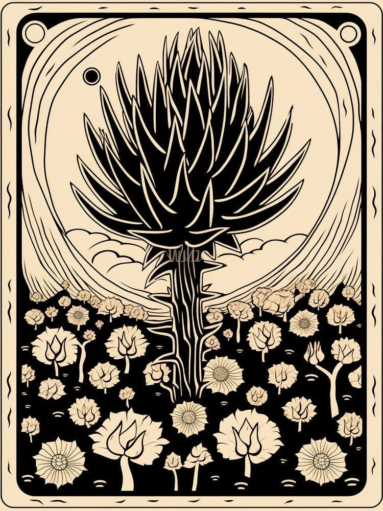 B&W Cactus Illustration Ferocactus Cactus 1