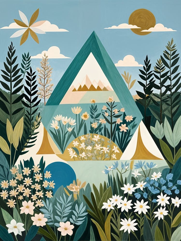 Abstract Triangles And Flowers In Blue