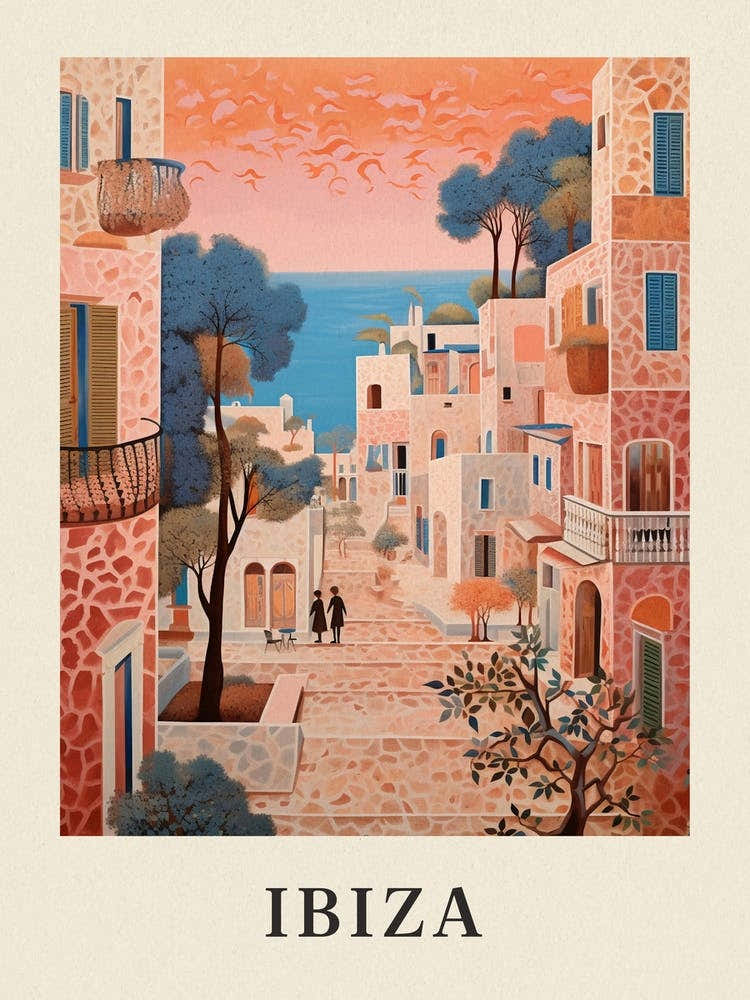 Ibiza Spain 2 Vintage Pink Travel Illustration Poster