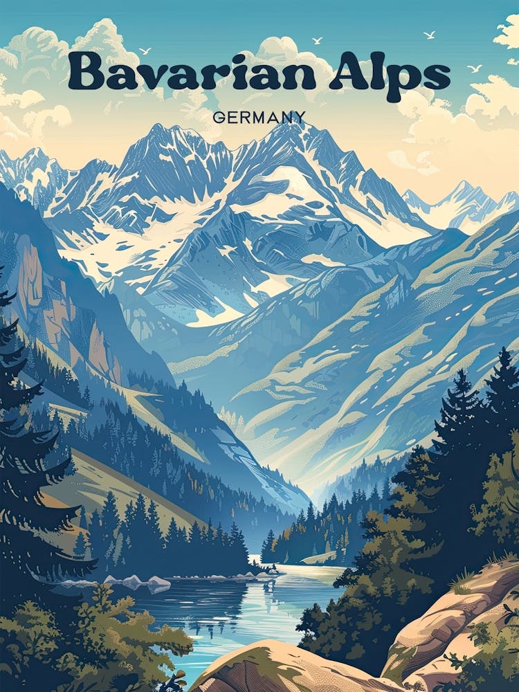 Bavarian Alps Germany Mountains Art Illustration