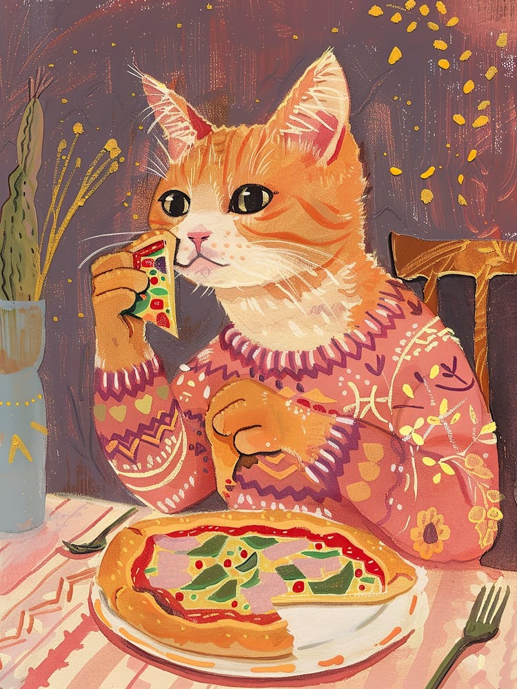Happy Orange Cat Pizza Lover Folk Illustration 4