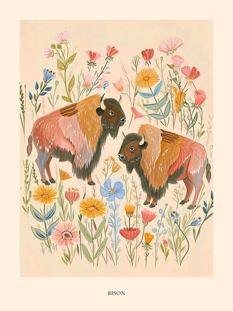 Folksy Floral Animal Drawing Bison Poster