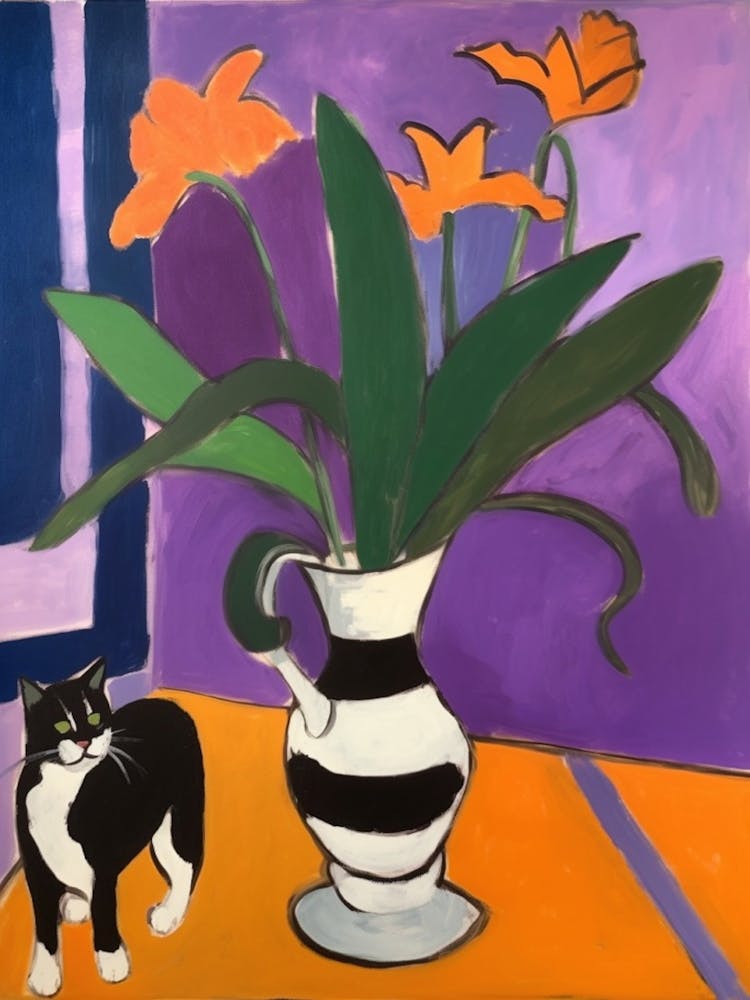 A Painting Of A Still Life Of A Crocus With A Cat In The Style Of Matisse 3