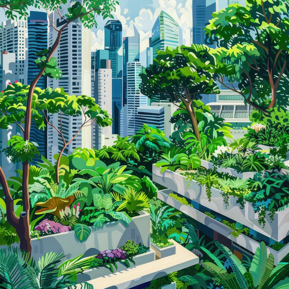 David Hockney Style. Rooftop Garden in Singapore 1