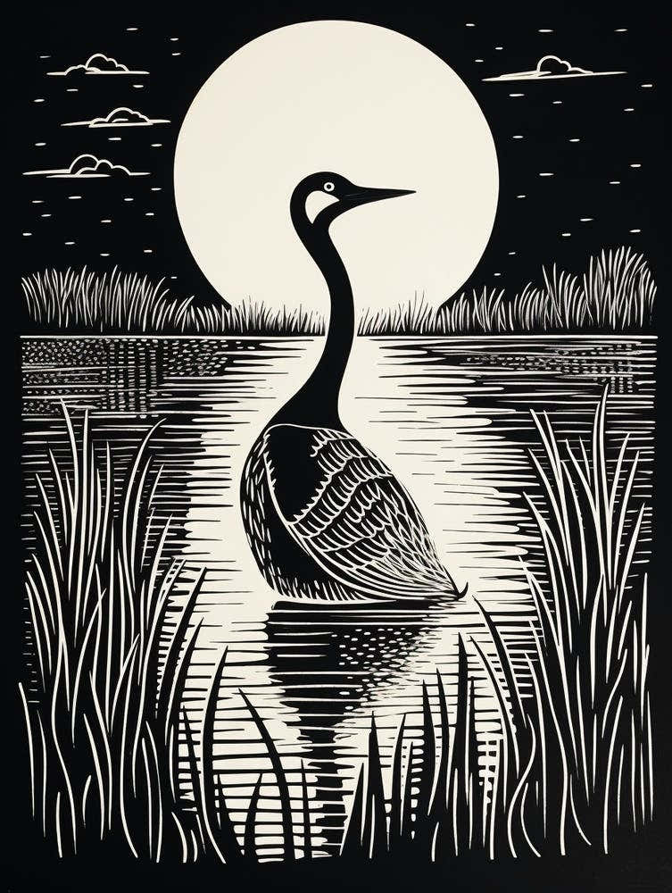 B&W Bird Linocut Grebe 1