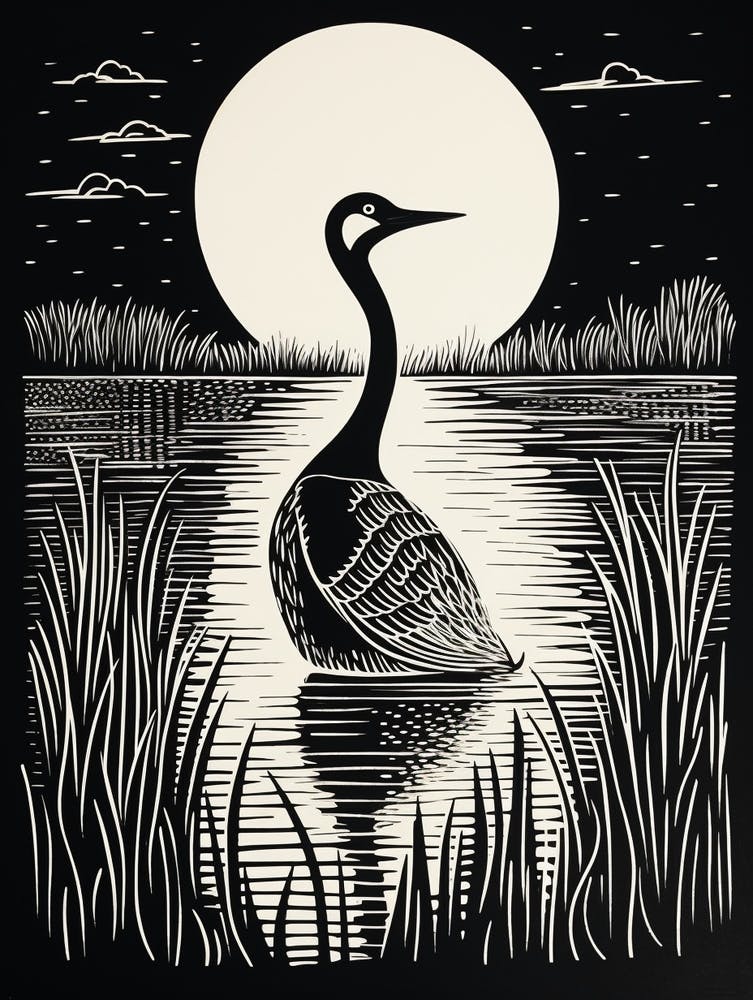 B&W Bird Linocut Grebe 1