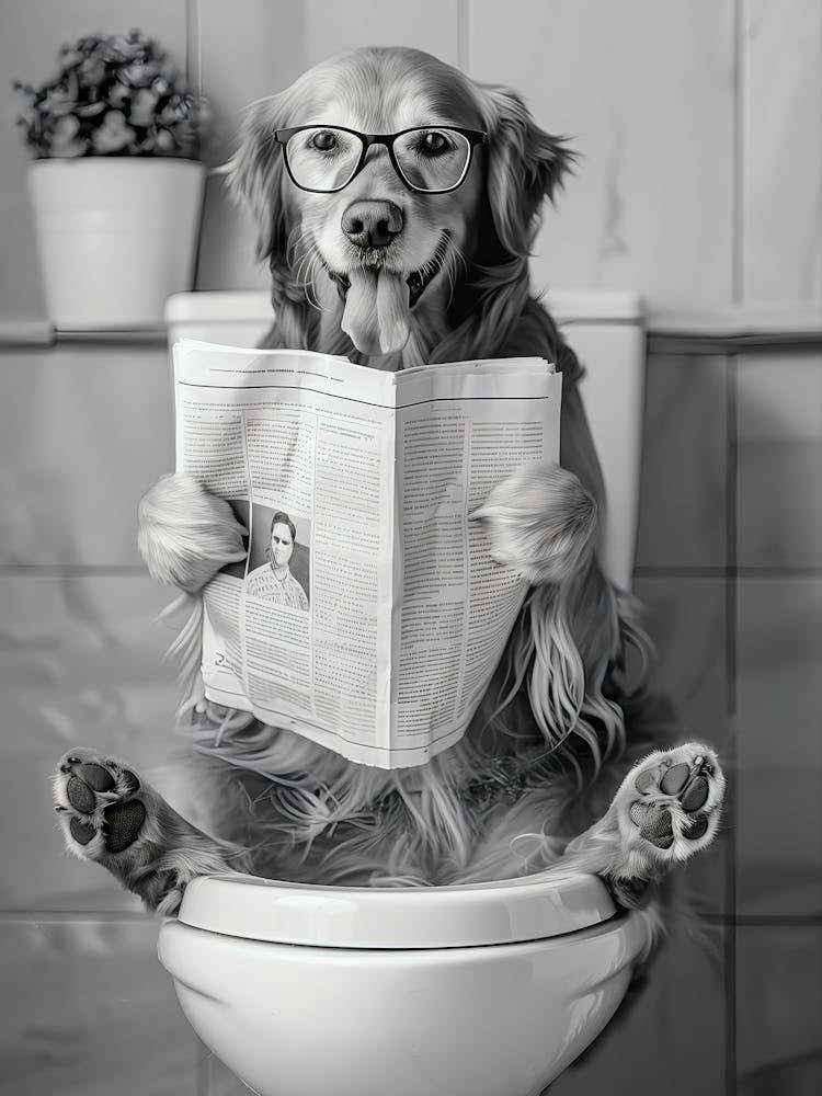 Golden Retriever Sitting On Toilet Wall Art, Dog Reading Newspaper, Black And White Print, Pet Art, Funny Dog Poster, Bathroom Wall Decor