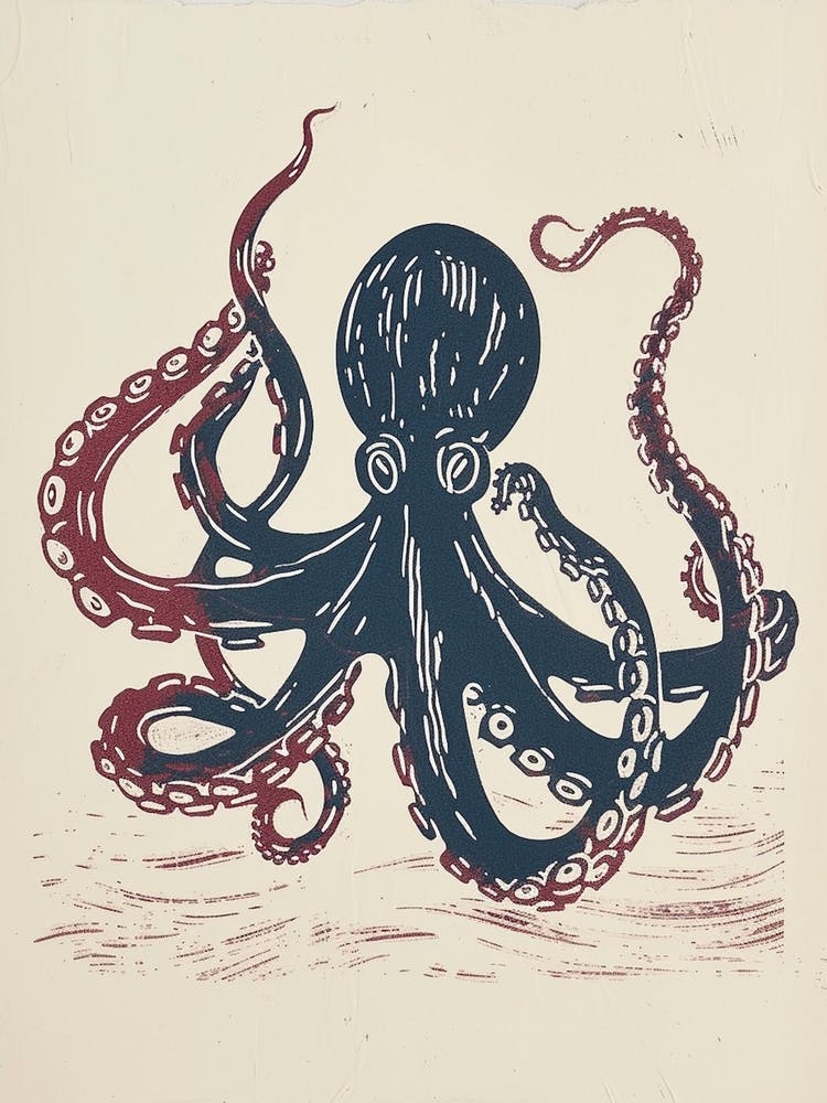 Sepia Navy Linocut Inspired Octopus