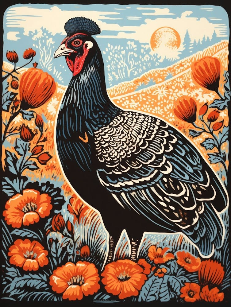 Vintage Bird Linocut Turkey 4