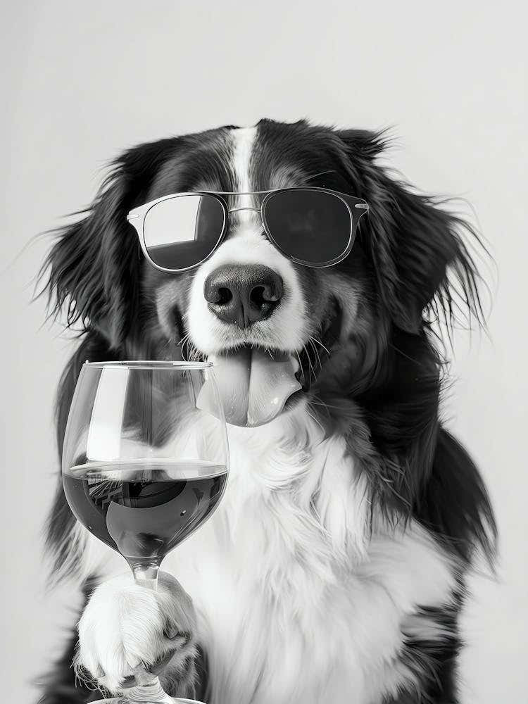 Bernese Mountain Dog And Wine Wall Art, Black And White Print, Bernese Gift, Alcohol Print, Funny Dog Poster, Kitchen Wall Decor