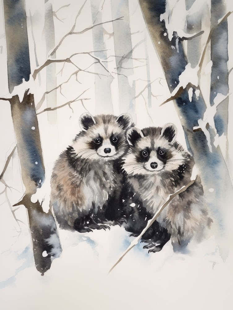 Winter Watercolour Raccoon 1