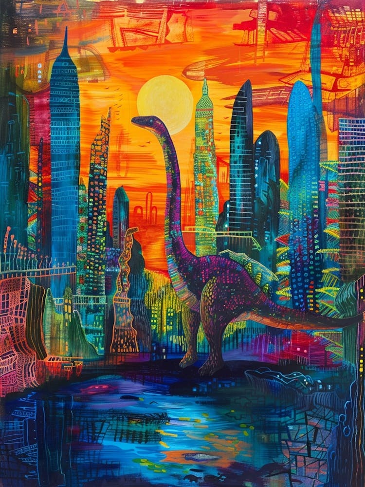 Colourful Dinosaur Cityscape Painting 8