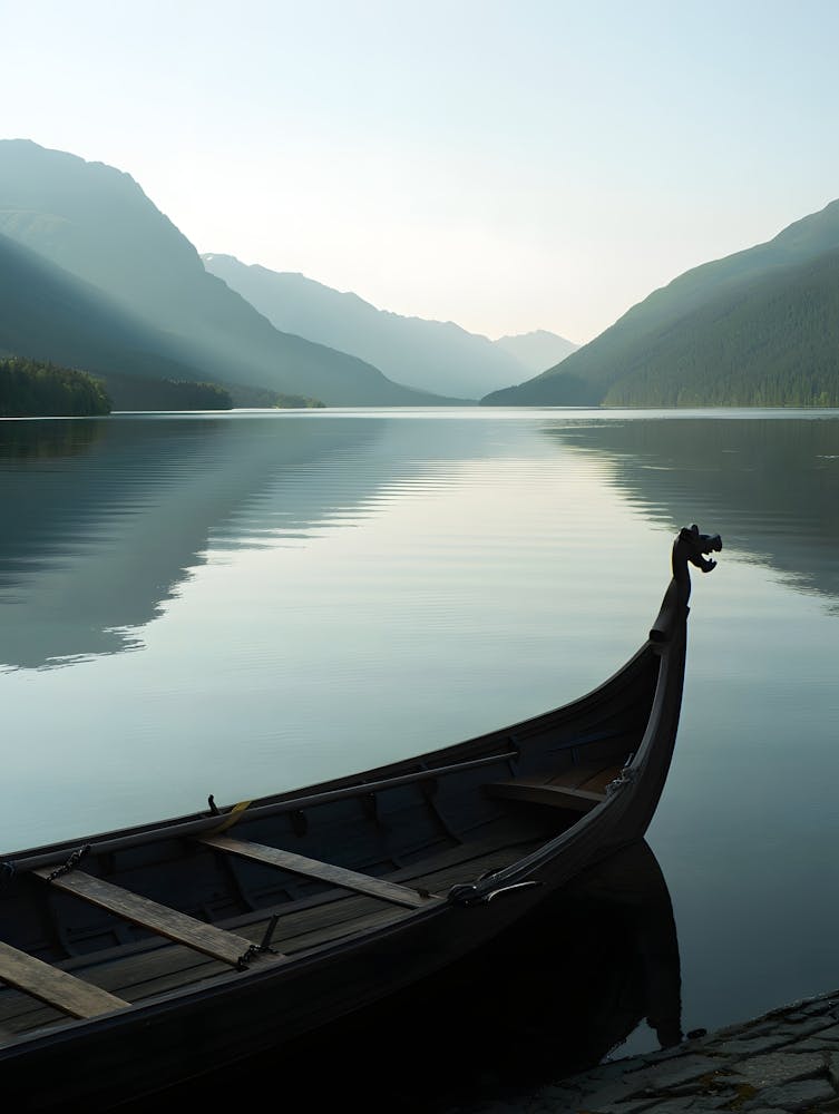 Viking Longboat on Calm Lake Print - Peaceful Nordic