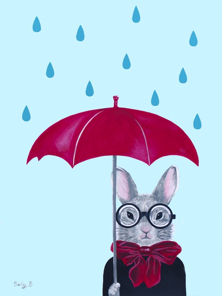 Rabbit With Red Umbrella In The Rain