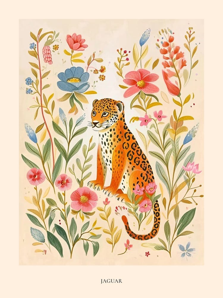 Folksy Floral Animal Drawing Jaguar 3 Poster