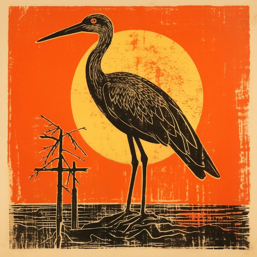 Retro Bird Lithograph Stork 4