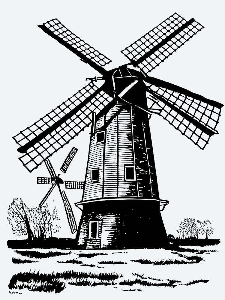 Windmill Drawing Structure Old Vintage Netherlands Medieval Woodcut Etching