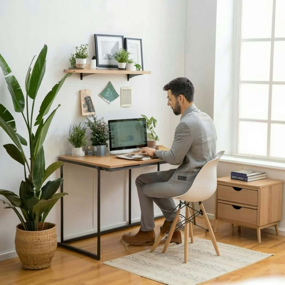 A serene and well-organized home office setup, with a person working comfortably at a desk surrounded by plants and natural light, illustrating the concept of a productive and harmonious remote work environment. This image is applicable to industries rela