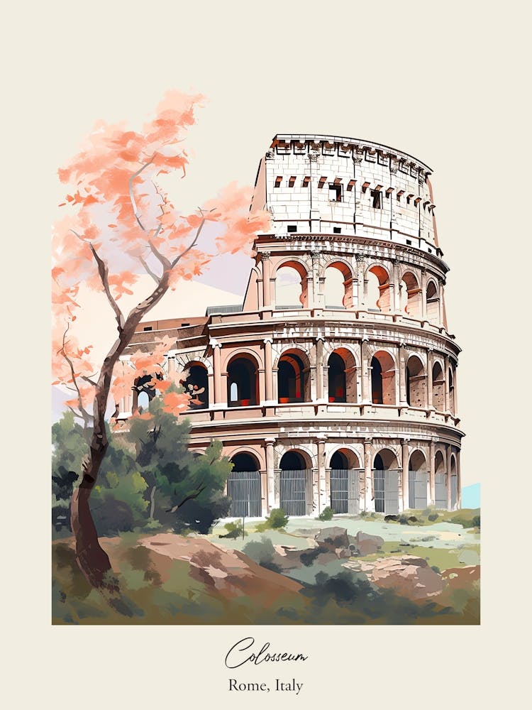 Colosseum   Rome, Italy   Cute Botanical Illustration Travel 1 Poster