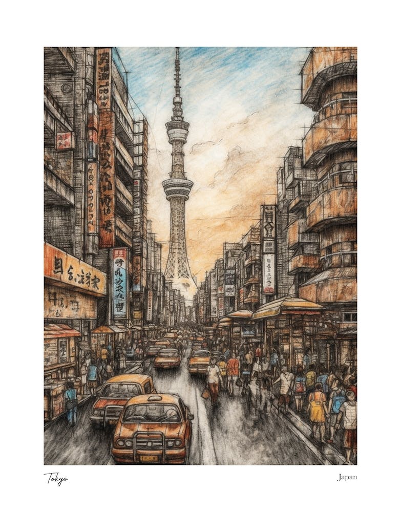 Tokyo Japan Drawing Pencil Style 4 Travel Poster