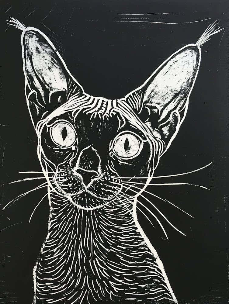 Cornish Rex Cat Linocut Blockprint 3