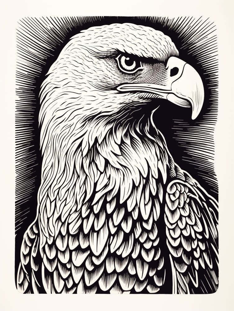 B&W Bird Linocut Bald Eagle 4