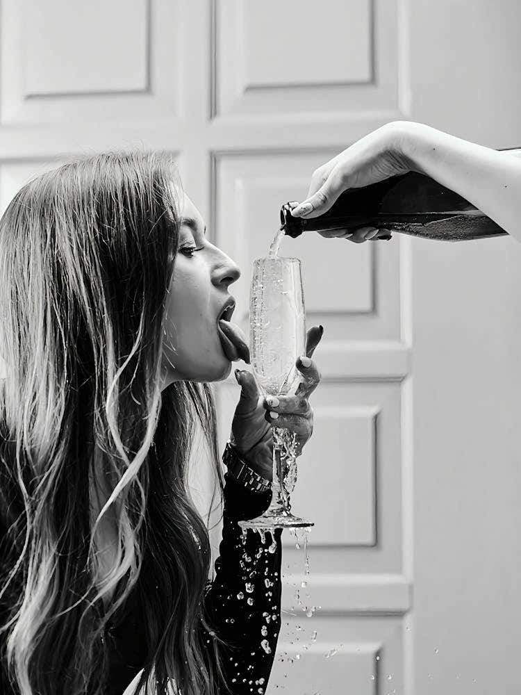 Woman Thirsty For Champagne Wall Art, Black And White Print, Retro Drinking Wine Poster, Alcohol Art, Bar Cart Print, Feminist Print