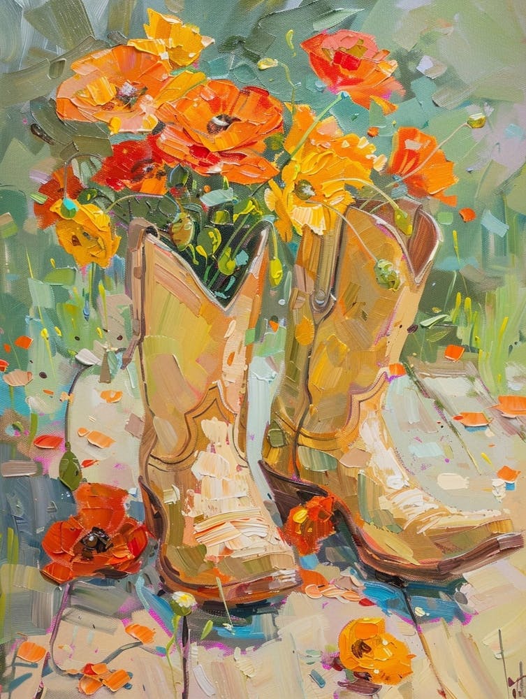 Cowboy Boots And Wildflowers Poppies