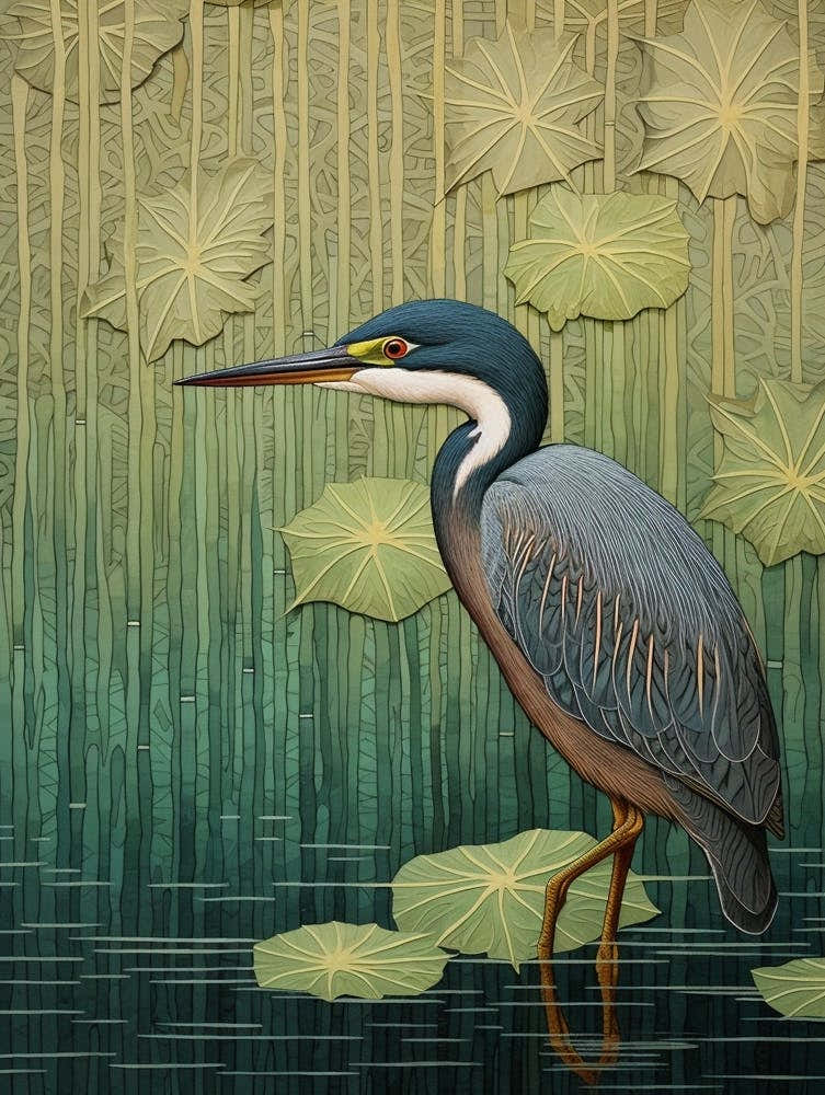 Ohara Koson Inspired Bird Painting Green Heron 3