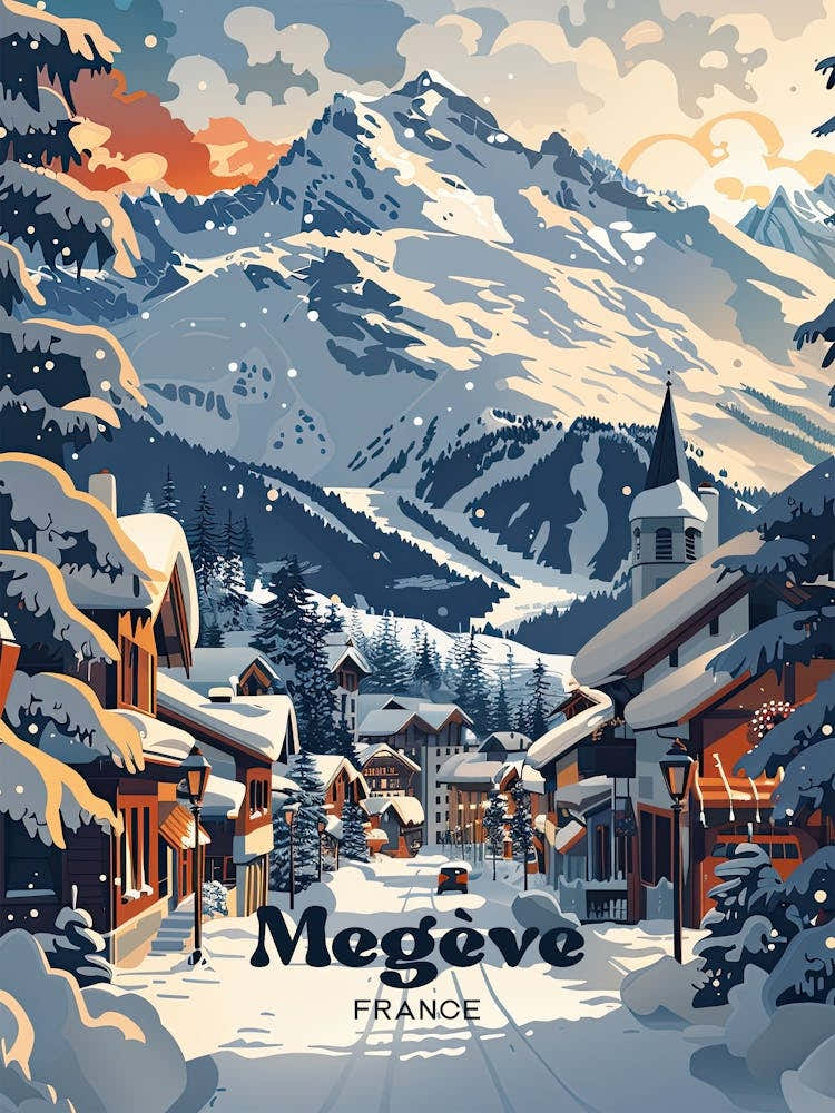 Megeve France Alpine Art Illustration
